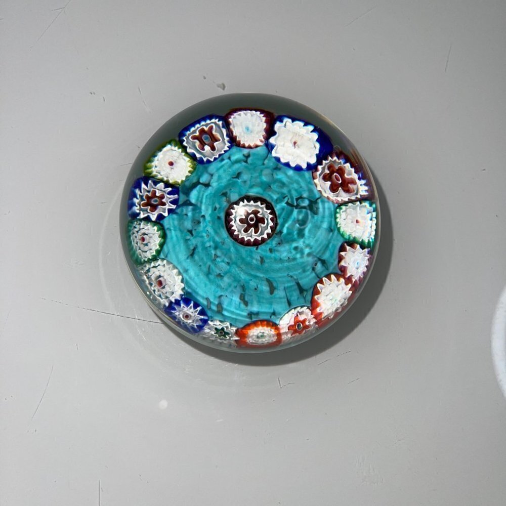 Vintage Millefiori Art Glass Turquoise Multicolor Paperweight Collectible - Picture 9 of 15